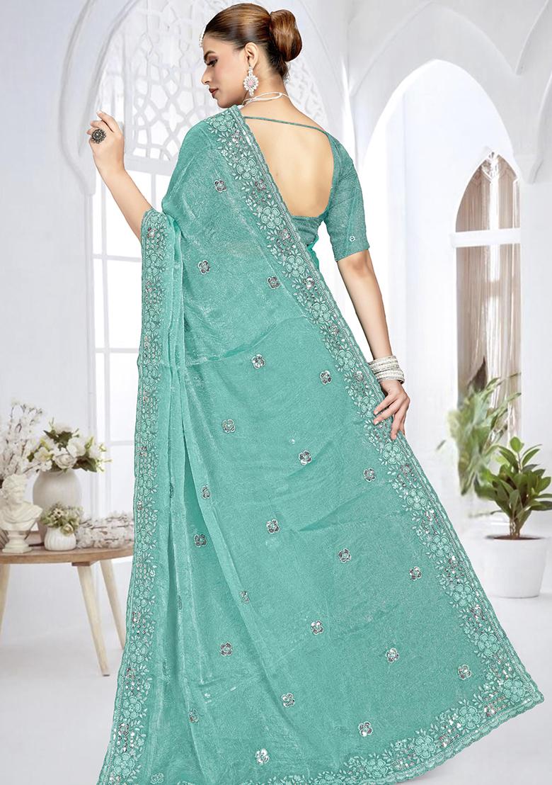 Sky Blue Sequence Work Silk Saree Set - Indya