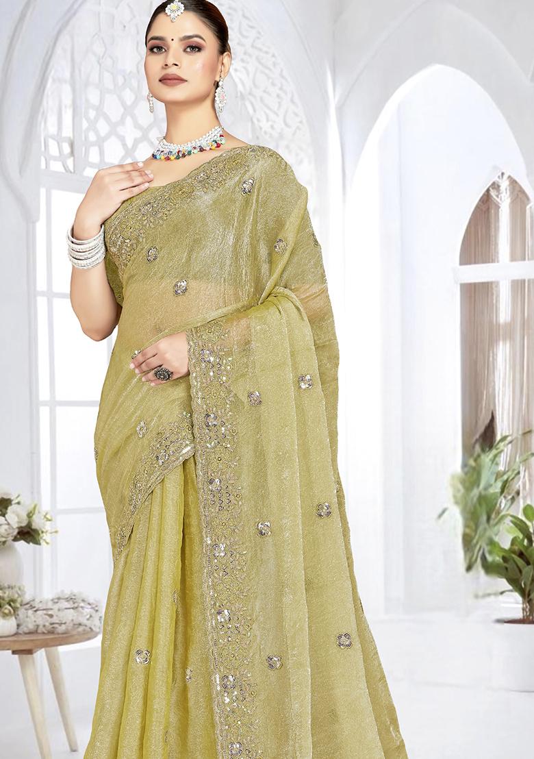 Green Sequence Work Silk Saree Set - Indya
