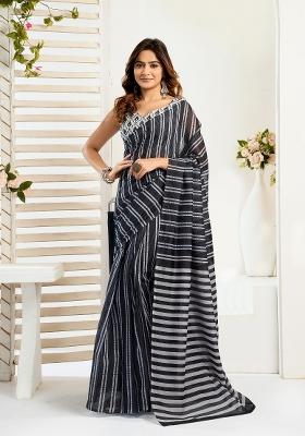 Black Printed Linen Saree Set