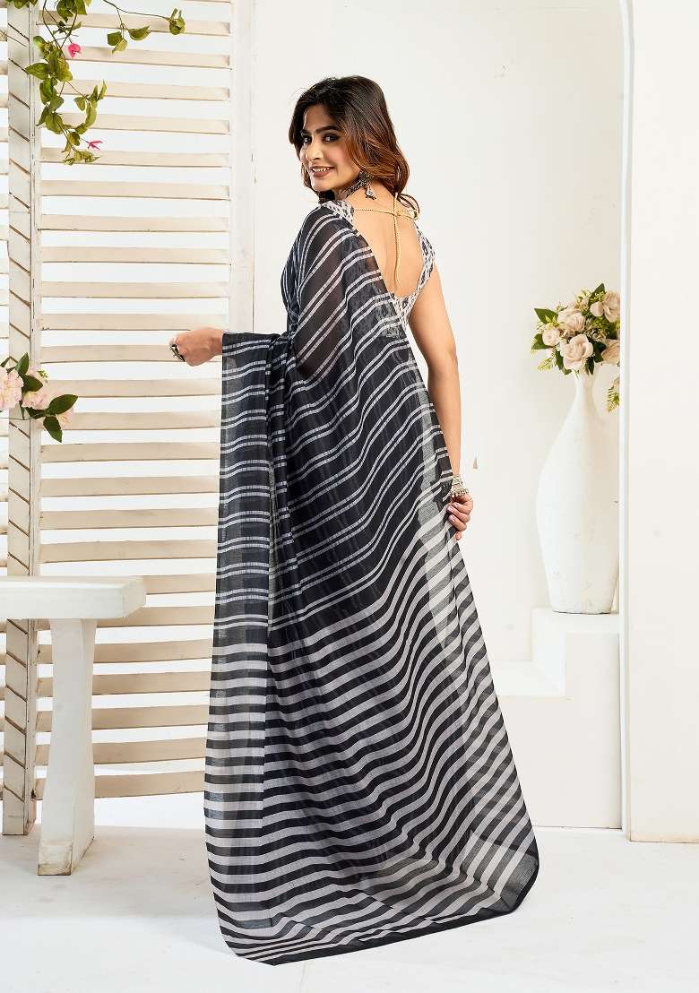 Black Linen Saree Set with Printed for Diwali | Wedding & Festive Wear - Indya