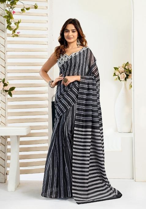 Black Printed Linen Saree Set