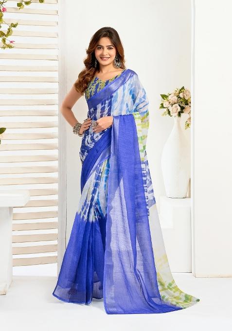 Blue Printed Linen Saree Set