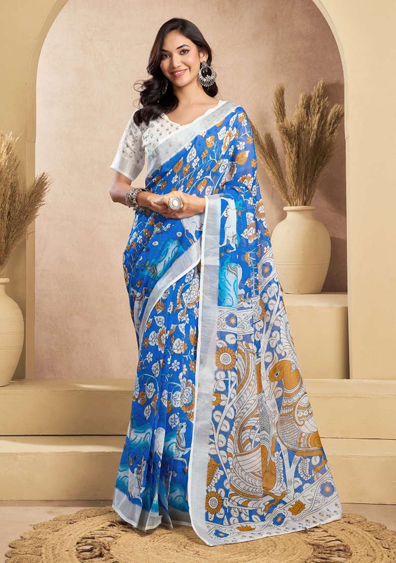 Multicolor Printed Linen Saree Set for Diwali and Festive Wear - Indya