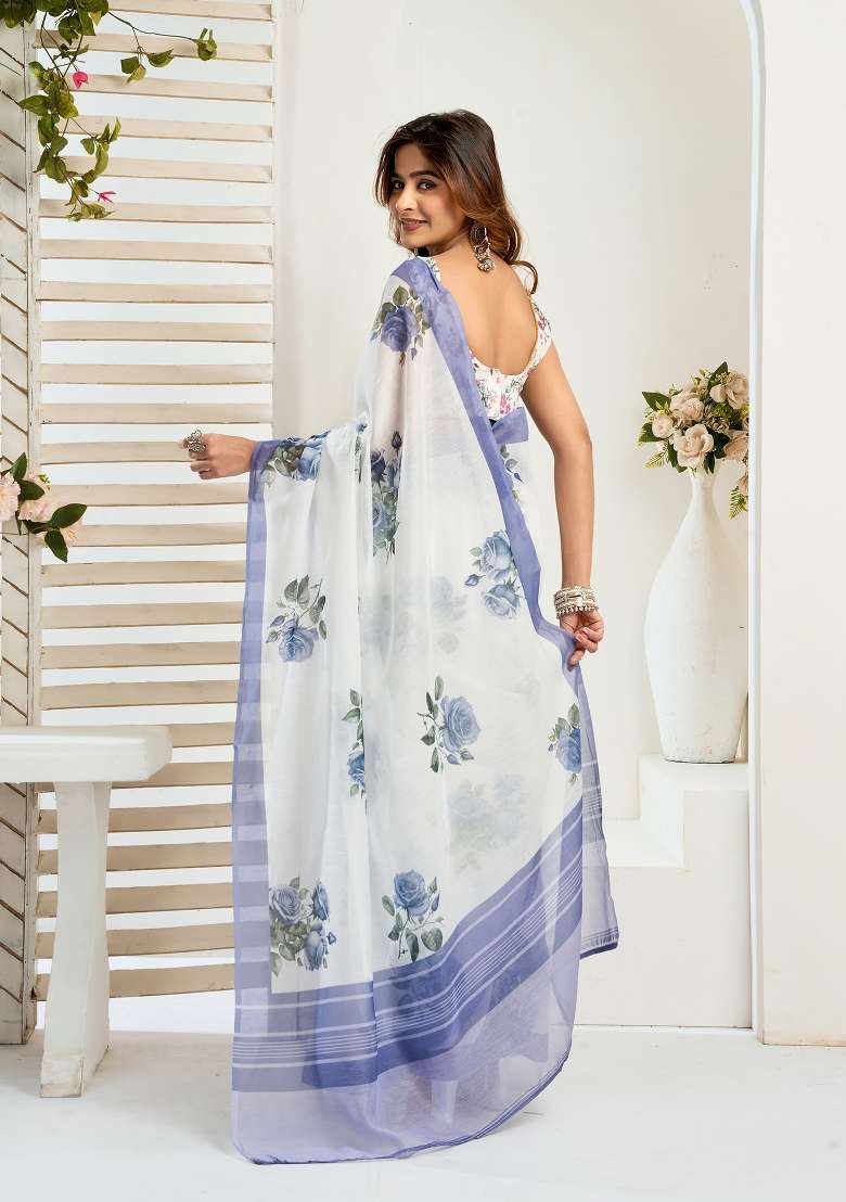 White Printed Linen Saree Set for Diwali and Festive Wear - Indya