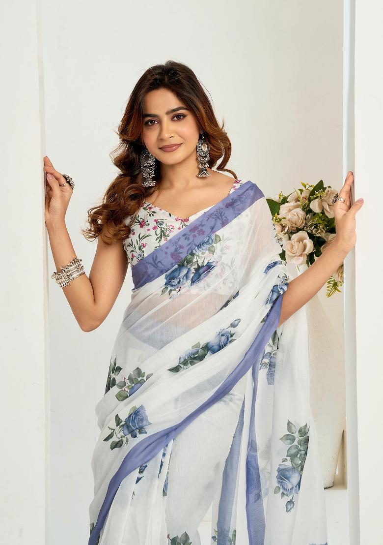 White Printed Linen Saree Set - Indya