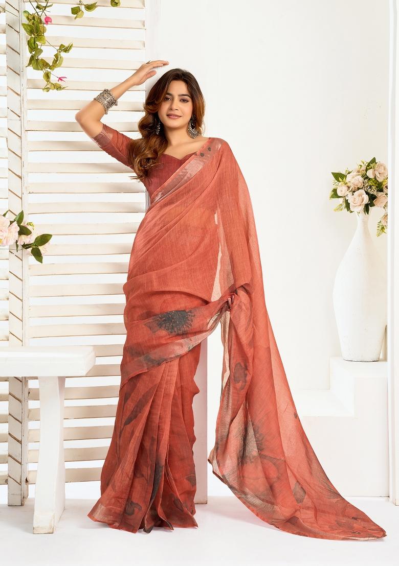Brown Printed Linen Saree Set - Indya