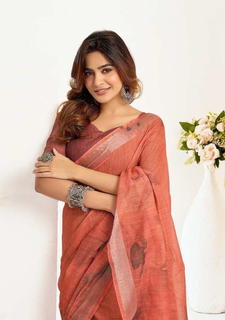 Brown Printed Linen Saree Set - Indya