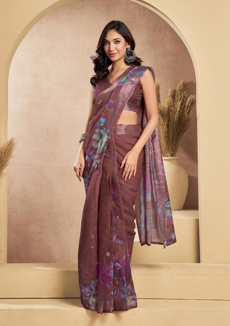 Coffee Printed Linen Saree Set - Indya