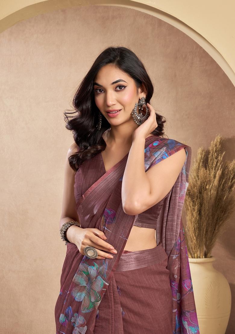 Coffee Printed Linen Saree Set - Indya