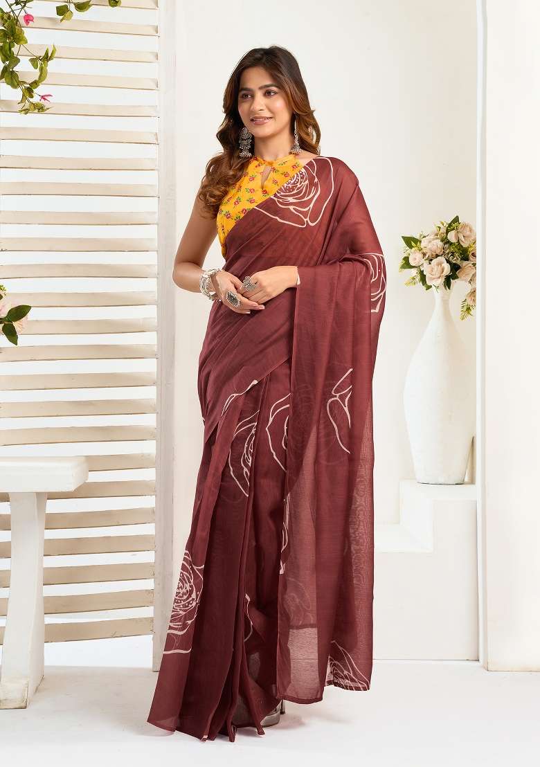Dark Brown Printed Linen Saree Set for Diwali and Festive Wear - Indya