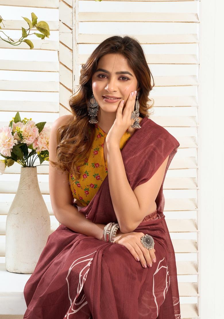 Dark Brown Printed Linen Saree Set - Indya