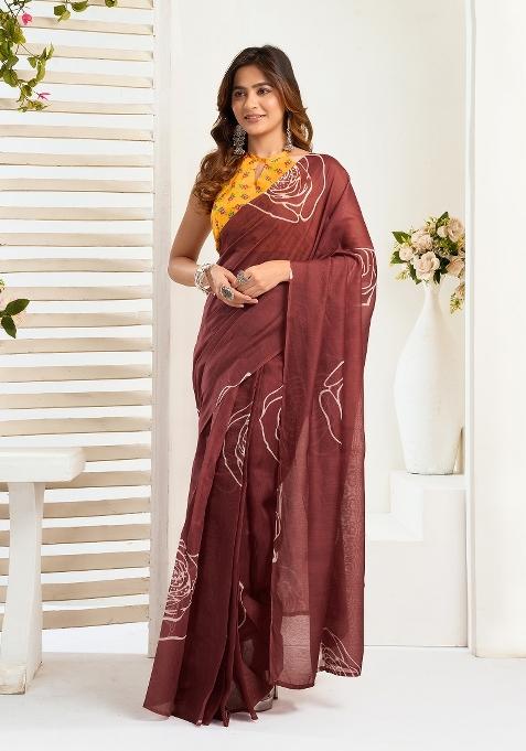 Dark Brown Printed Linen Saree Set