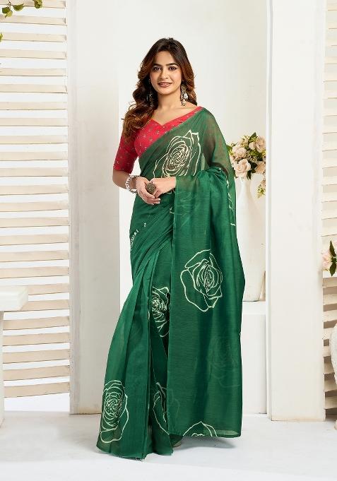 Green Printed Linen Saree Set