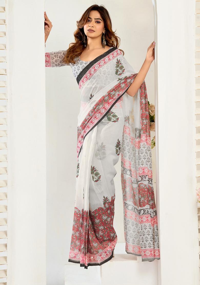 Multicolor Printed Linen Saree Set - Indya