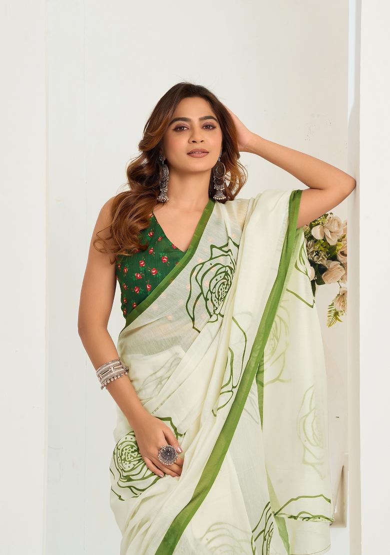 Off White Printed Linen Saree Set - Indya