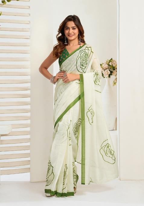 Off White Printed Linen Saree Set