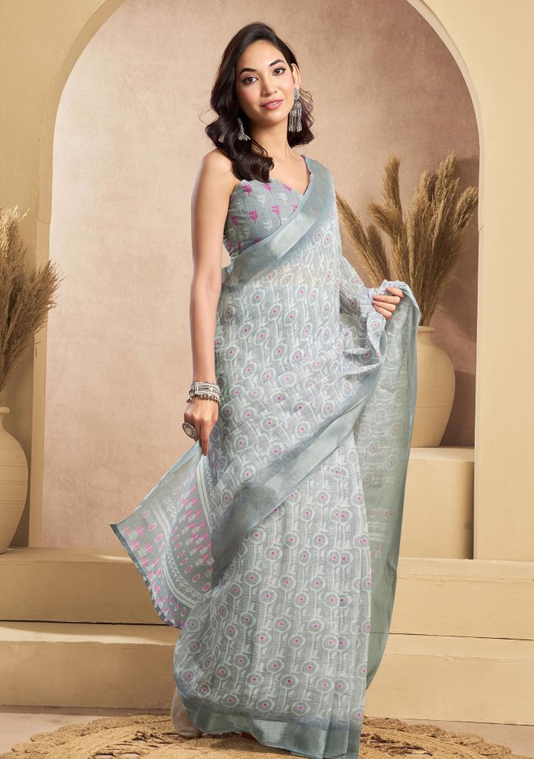 Grey Printed Linen Saree Set - Indya
