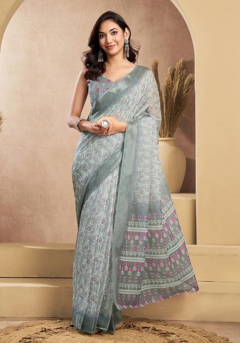 Grey Printed Linen Saree Set
