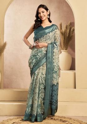 Rama Green Printed Linen Saree Set