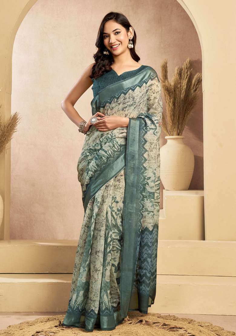 Rama Green Printed Linen Saree Set for Diwali and Festive Wear - Indya