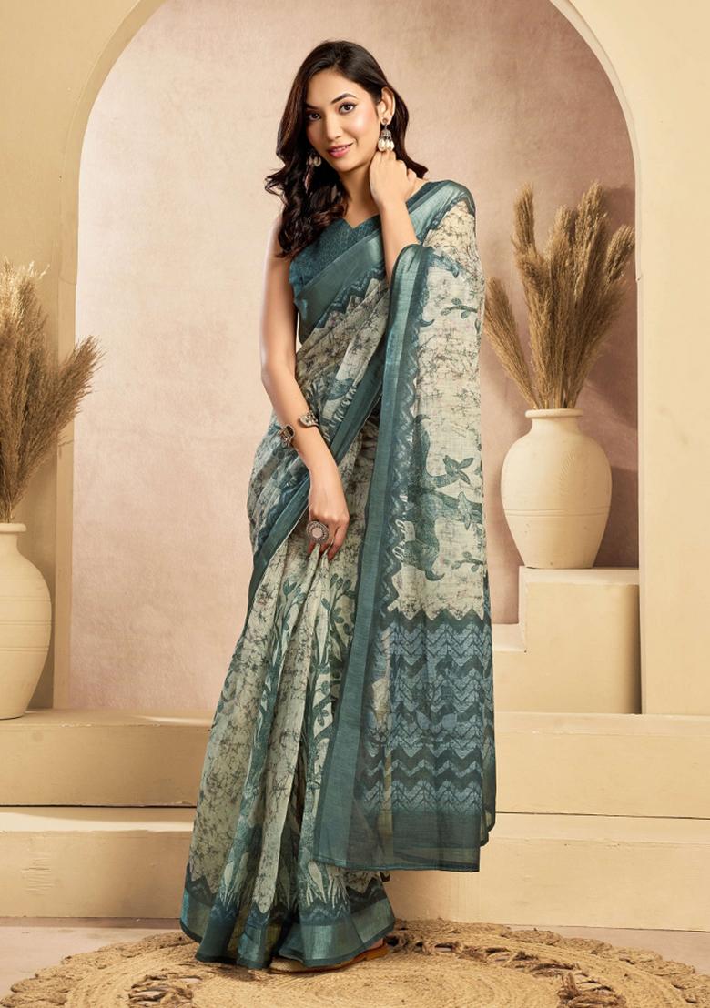 Rama Green Printed Linen Saree Set - Indya