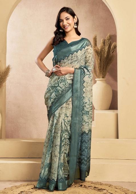 Rama Green Printed Linen Saree Set