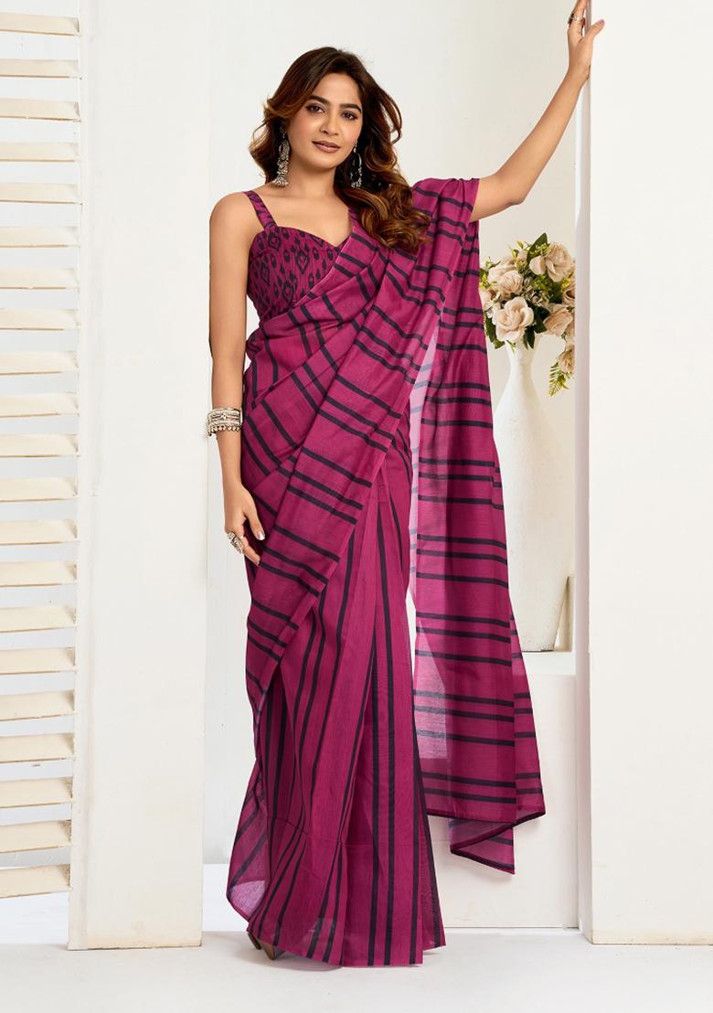 Magenta Printed Linen Saree Set - Indya