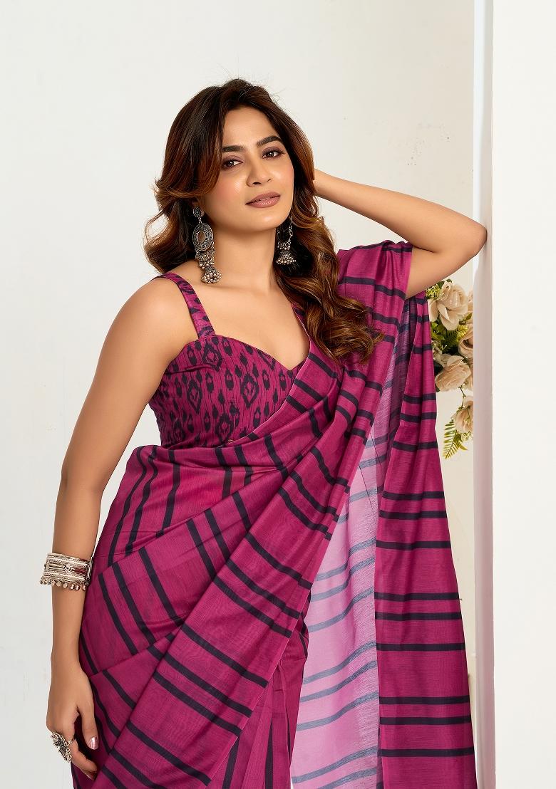 Magenta Printed Linen Saree Set - Indya