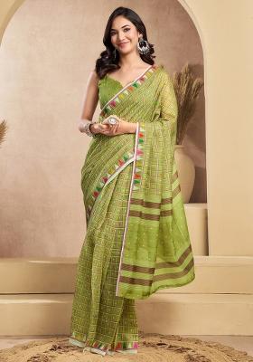 Mehendi Printed Linen Saree Set