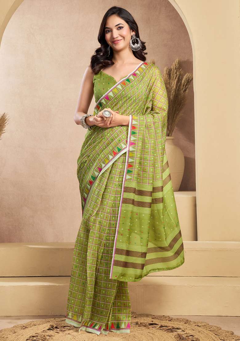 Mehendi Printed Linen Saree Set for Diwali and Festive Wear - Indya