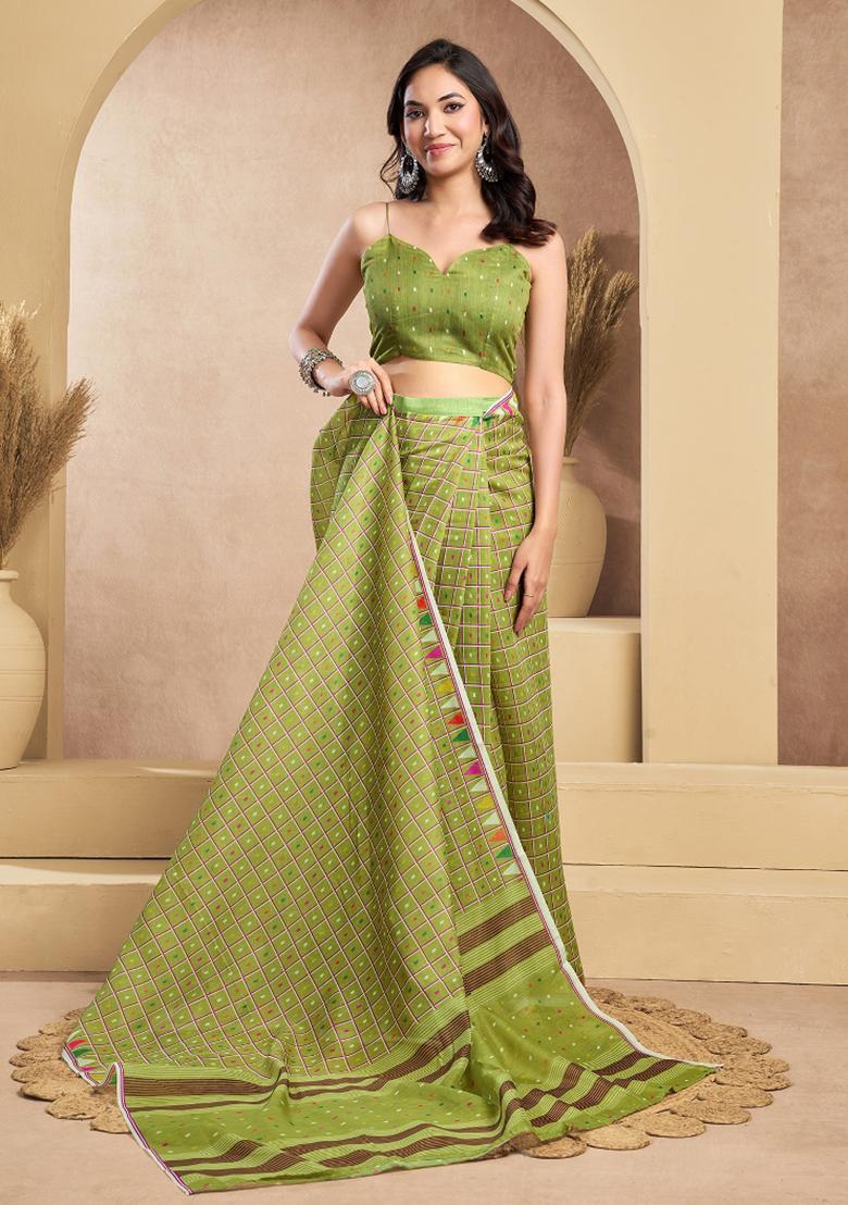 Mehendi Printed Linen Saree Set - Indya