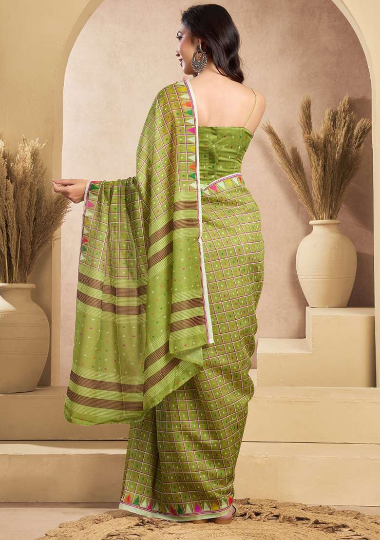 Mehendi Printed Linen Saree Set for Diwali and Festive Wear - Indya