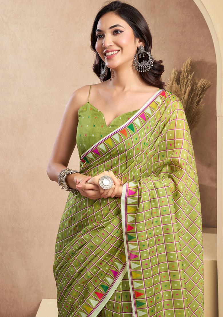 Mehendi Printed Linen Saree Set - Indya