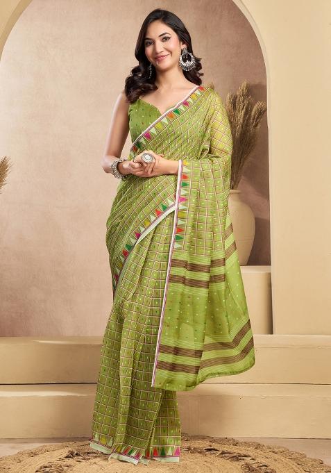 Mehendi Printed Linen Saree Set