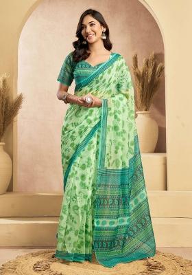Mint Green Printed Linen Saree Set