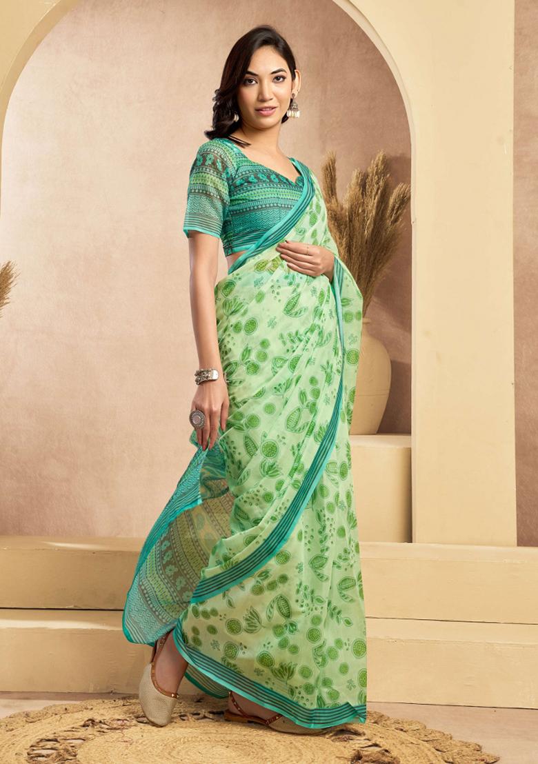 Mint Green Printed Linen Saree Set - Indya