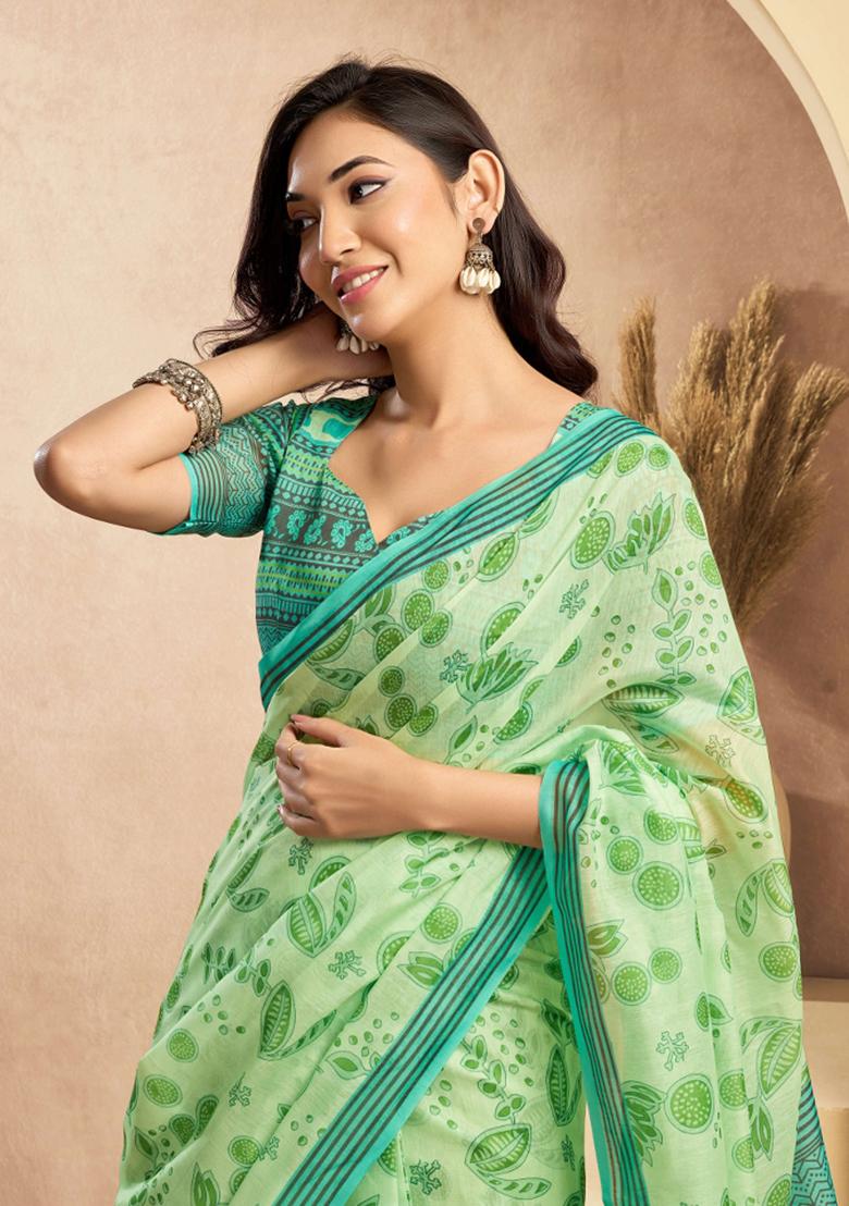 Mint Green Printed Linen Saree Set - Indya
