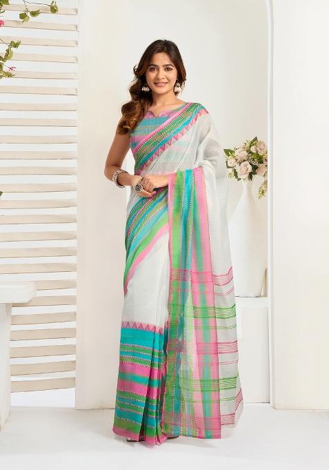Multicolor Printed Linen Saree Set