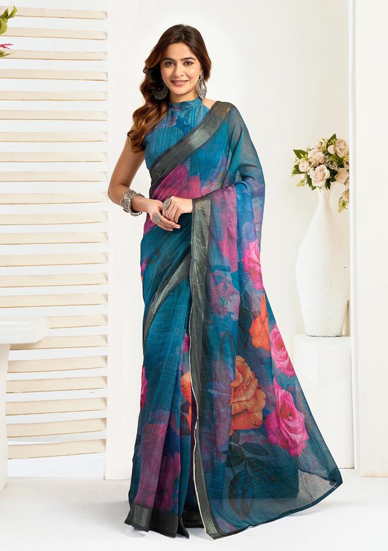 Multicolor Printed Linen Saree Set - Indya