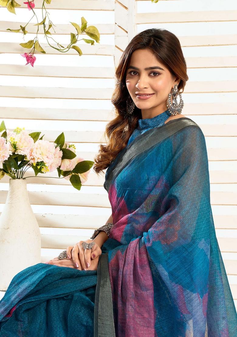 Multicolor Printed Linen Saree Set - Indya