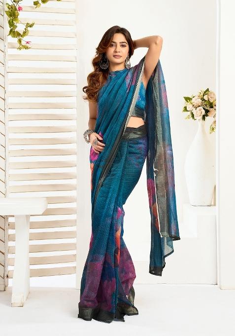 Multicolor Printed Linen Saree Set