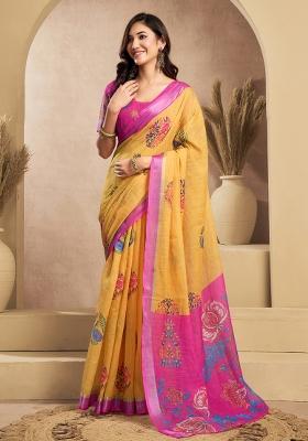 Mustard Printed Linen Saree Set