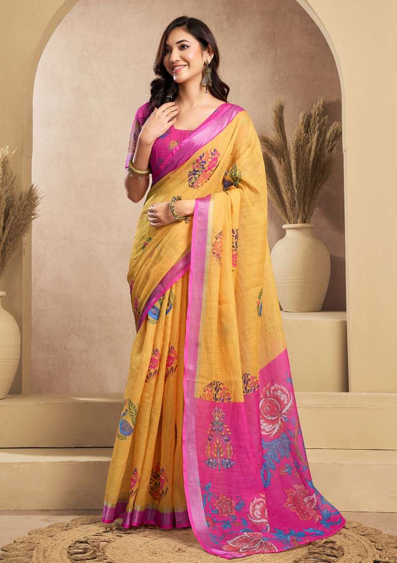 Mustard Linen Saree Set with Printed for Diwali | Wedding & Festive Wear - Indya