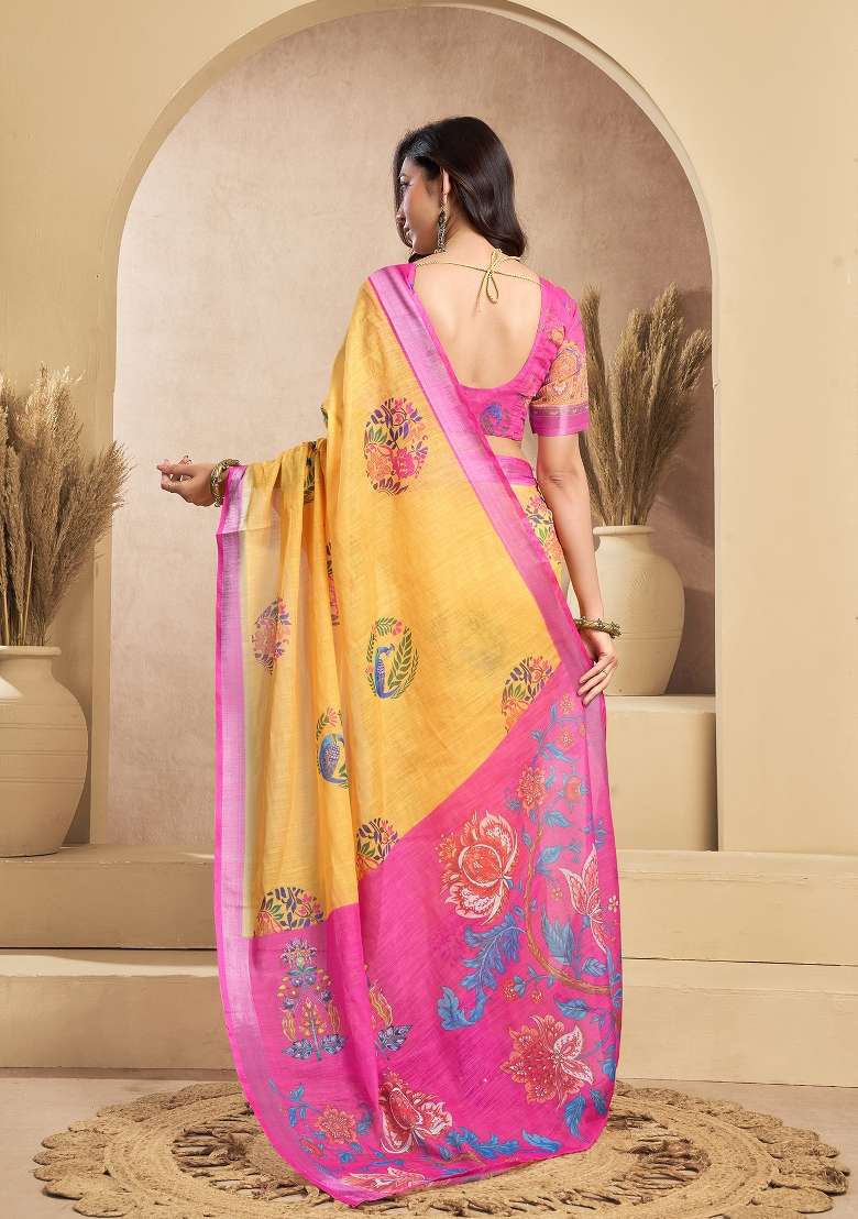 Mustard Linen Saree Set with Printed for Diwali | Wedding & Festive Wear - Indya
