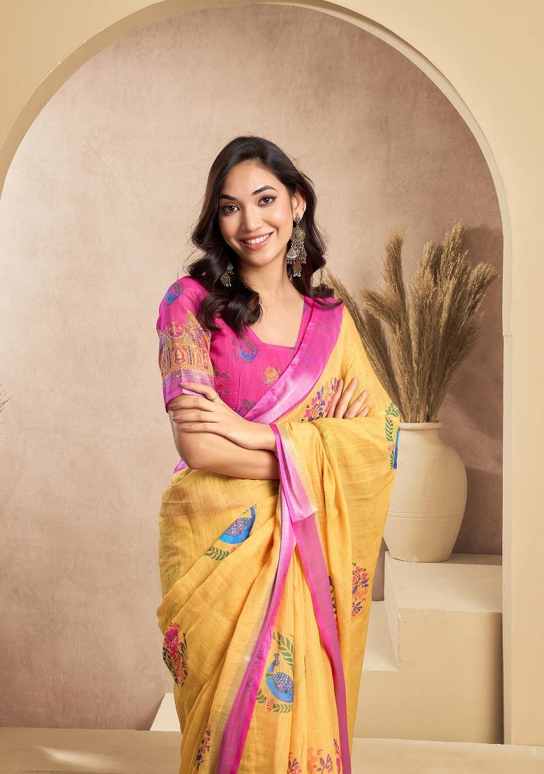 Mustard Printed Linen Saree Set - Indya