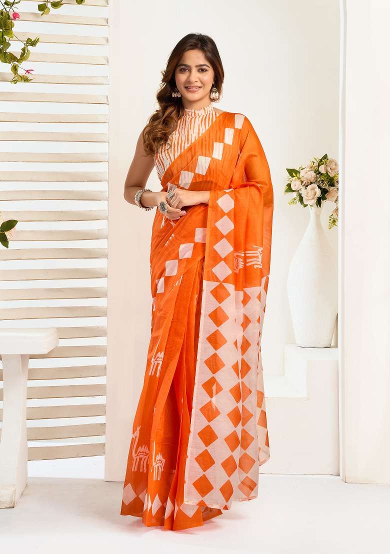 Orange Linen Saree Set with Printed for Diwali | Wedding & Festive Wear - Indya