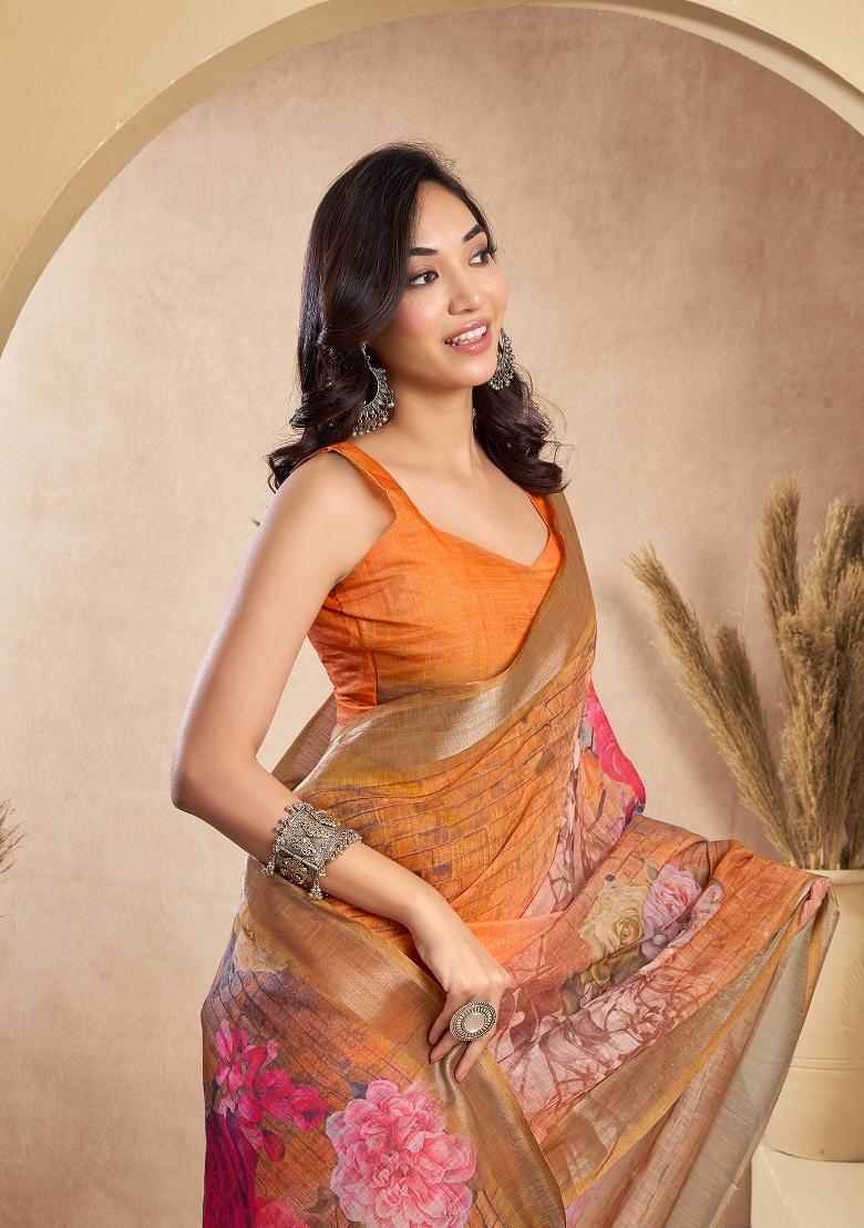 Multicolor Printed Linen Saree Set - Indya