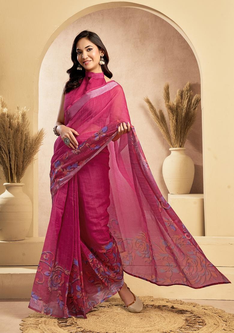 Pink Printed Linen Saree Set - Indya