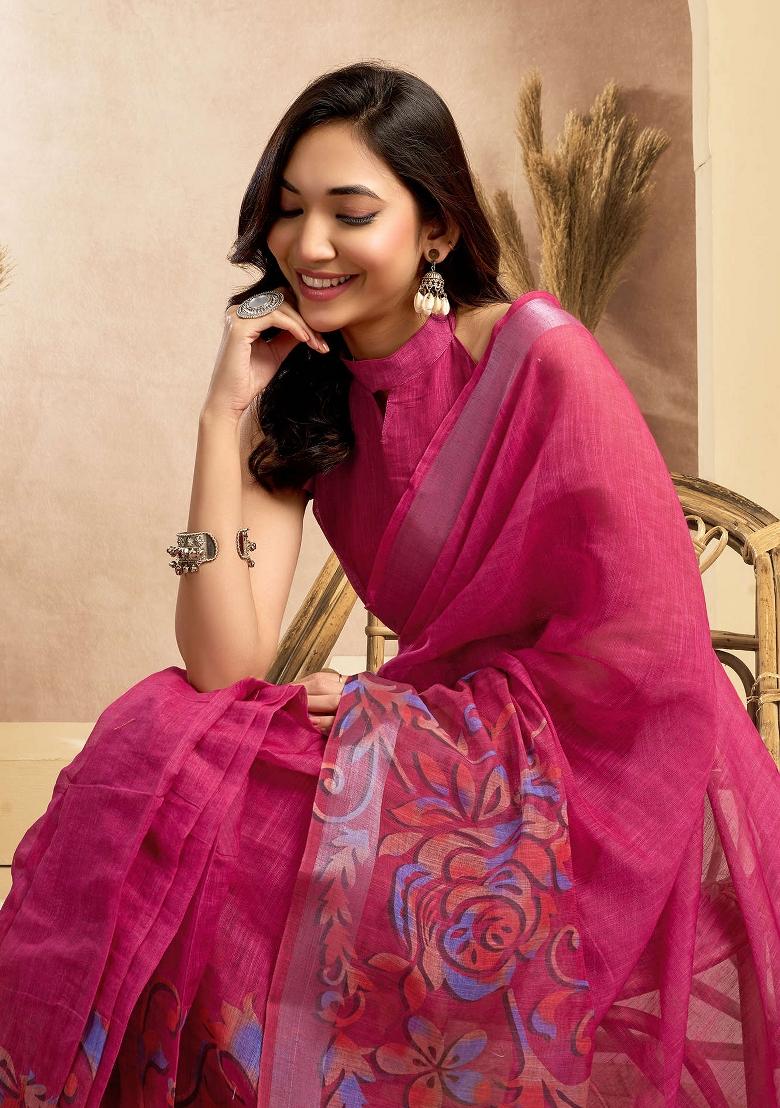 Pink Printed Linen Saree Set - Indya
