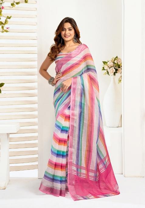 Multicolor Printed Linen Saree Set